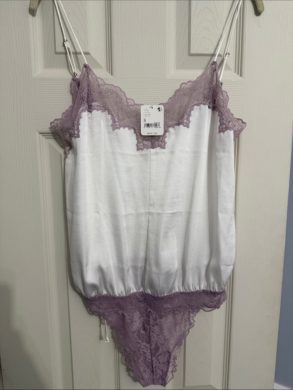Free people Lace Trim Satin Bodysuit in White and Dusty Lavender